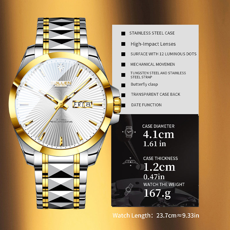 Sollen 9083 Automatic Watch - Men's Dress Citizen 8205 Sunburst Dial Day Date 7-Bead Steel Bracelet Wristwatch