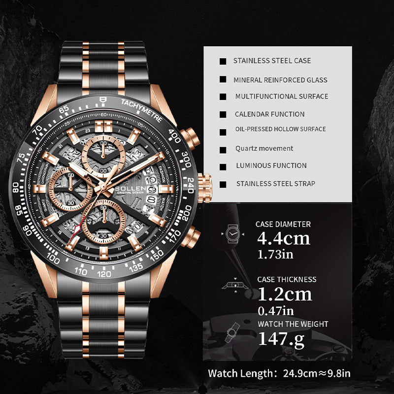Sollen SL711 Chronograph Watch - Men's Two-Tone Stainless Steel Link Bracelet Open-Worked Seiko VD57 Wristwatch