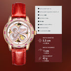 Sollen SL405 Women's Four-Leaf Clover Skeleton Automatic Watch - 35mm Crystal Bezel Mother of Pearl Dial Leather Strap Wristwatch