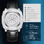 Sollen SL435 Women's Baguette Crystal Quartz Watch - 35x36mm Full Pave Dial Iced Out Genuine Leather Strap Wristwatch