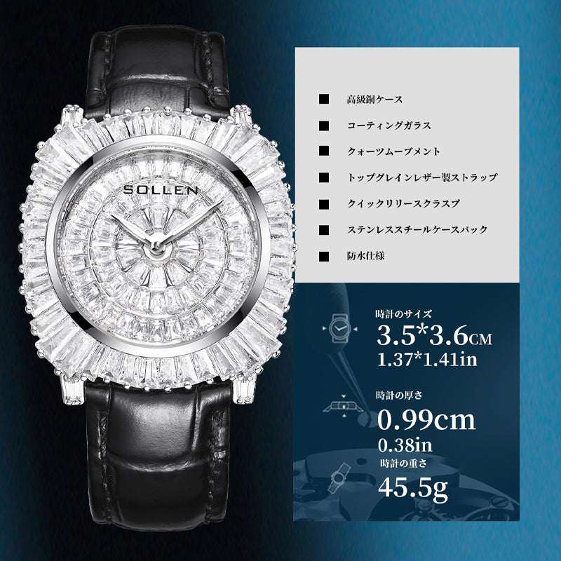 Sollen SL435 Women's Baguette Crystal Quartz Watch - 35x36mm Full Pave Dial Iced Out Genuine Leather Strap Wristwatch