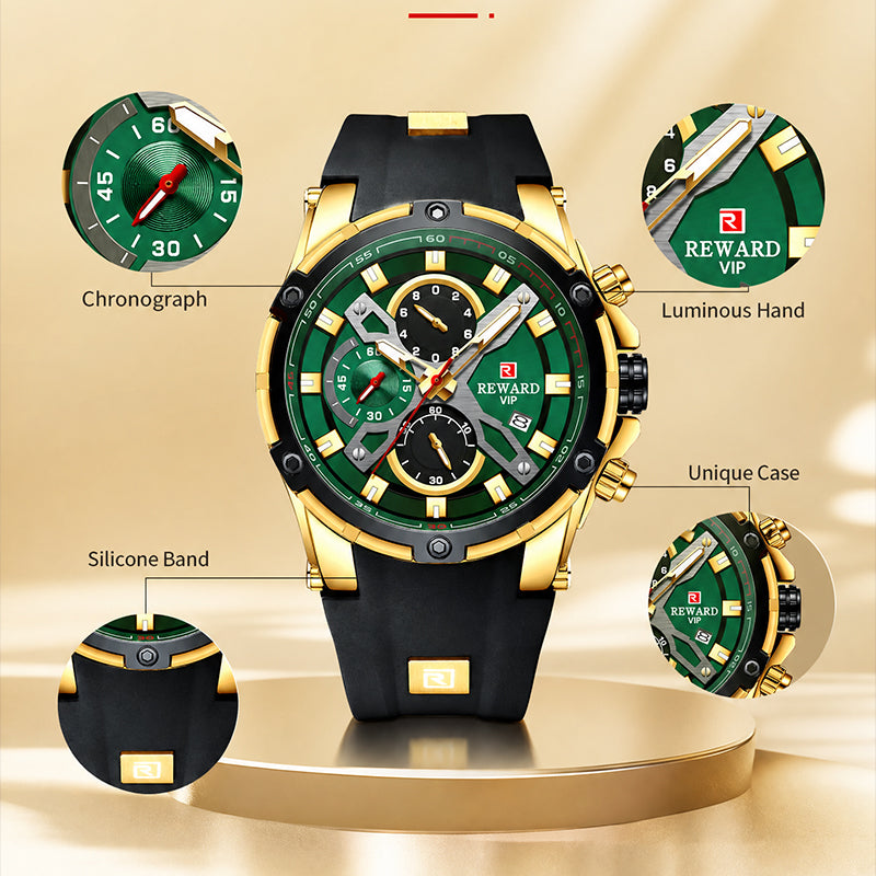 REWARD RD 83016M Quartz Watch - Live Edition Men's Heavy Tactical Armor Case Full Chronograph Luminous Hands Date Window Sport Silicone Strap Wristwatch