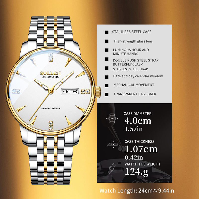 Sollen 9052 Automatic Watch - Men's Dress 8 Crystal Accent 8 Faceted Marker 7-Bead Stainless Steel Bracelet Wristwatch