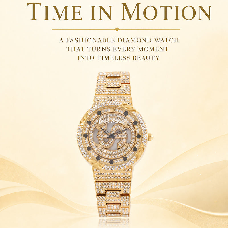 LOOK WORLD RKS257 Live Edition Men's Iced Out Watch - Luxury Full Crystals Encrusted Round Case Creative Spinning Dollar Sign Dial Metal Band Hiphop Wristwatch