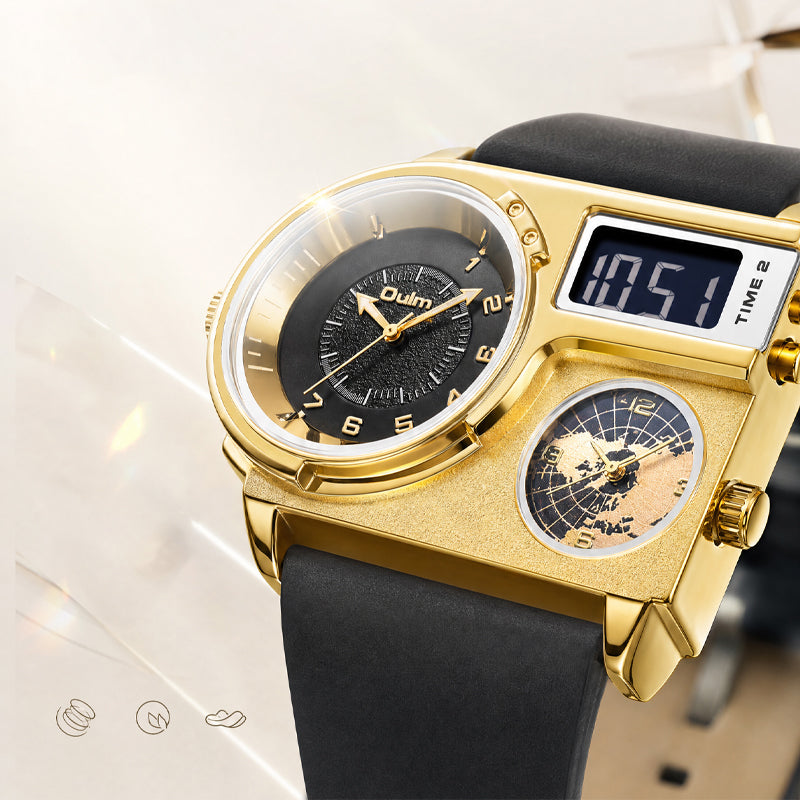 Oulm HP5026 Live Edition Men's Tactical Watch - Cyberpunk Multi Time Zone Ana-Digi Dual Core Armor Case Wide Strap Sport Wristwatch