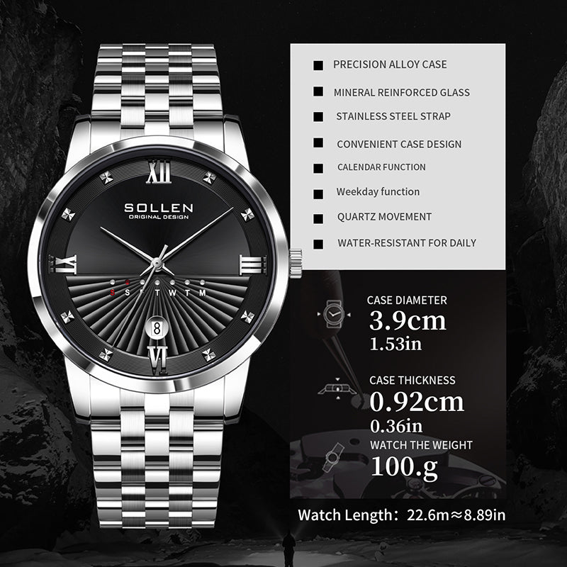 Sollen SL716 Quartz Watch - Men's Classic Stainless Steel 3-Bead Bracelet Day-Date Display Wristwatch