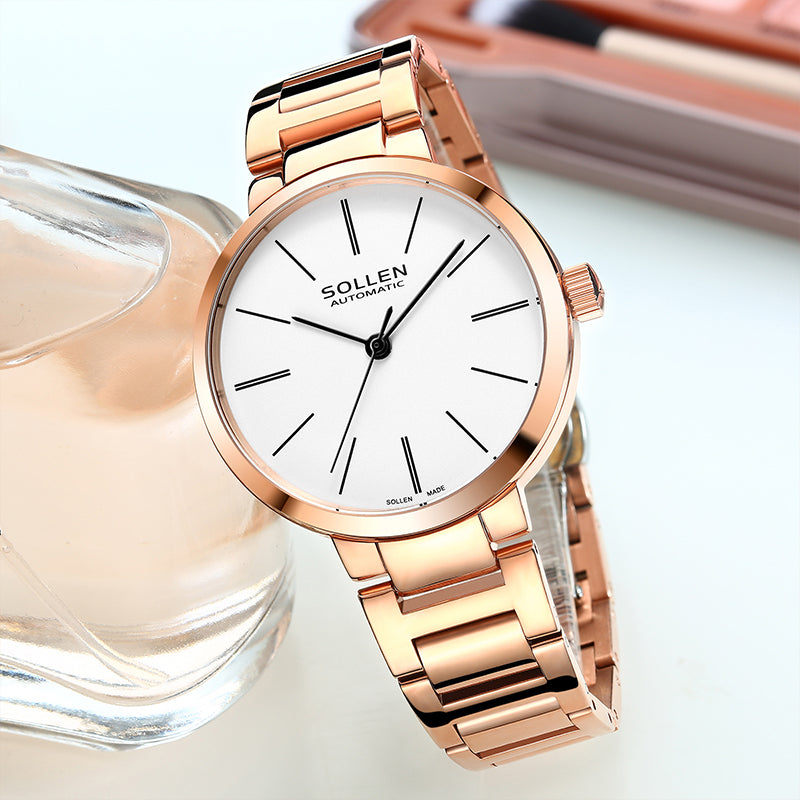 Sollen SL409 Women's Minimalist Automatic Mechanical Watch - 34mm Crystal Bezel Sandblasted Dial Stainless Steel Bracelet Wristwatch