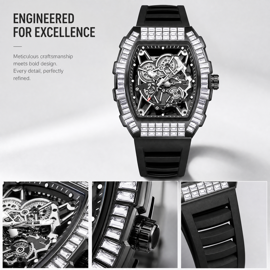 JEMSDUN JSD2406 Live Edition Men's High-Street Quartz Watch - 51x44mm Silver Case Baguette Crystal Bezel Mechanical Skeleton Dial Silicone Strap Wristwatch
