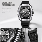 JEMSDUN JSD2406 Live Edition Men's High-Street Quartz Watch - 51x44mm Silver Case Baguette Crystal Bezel Mechanical Skeleton Dial Silicone Strap Wristwatch