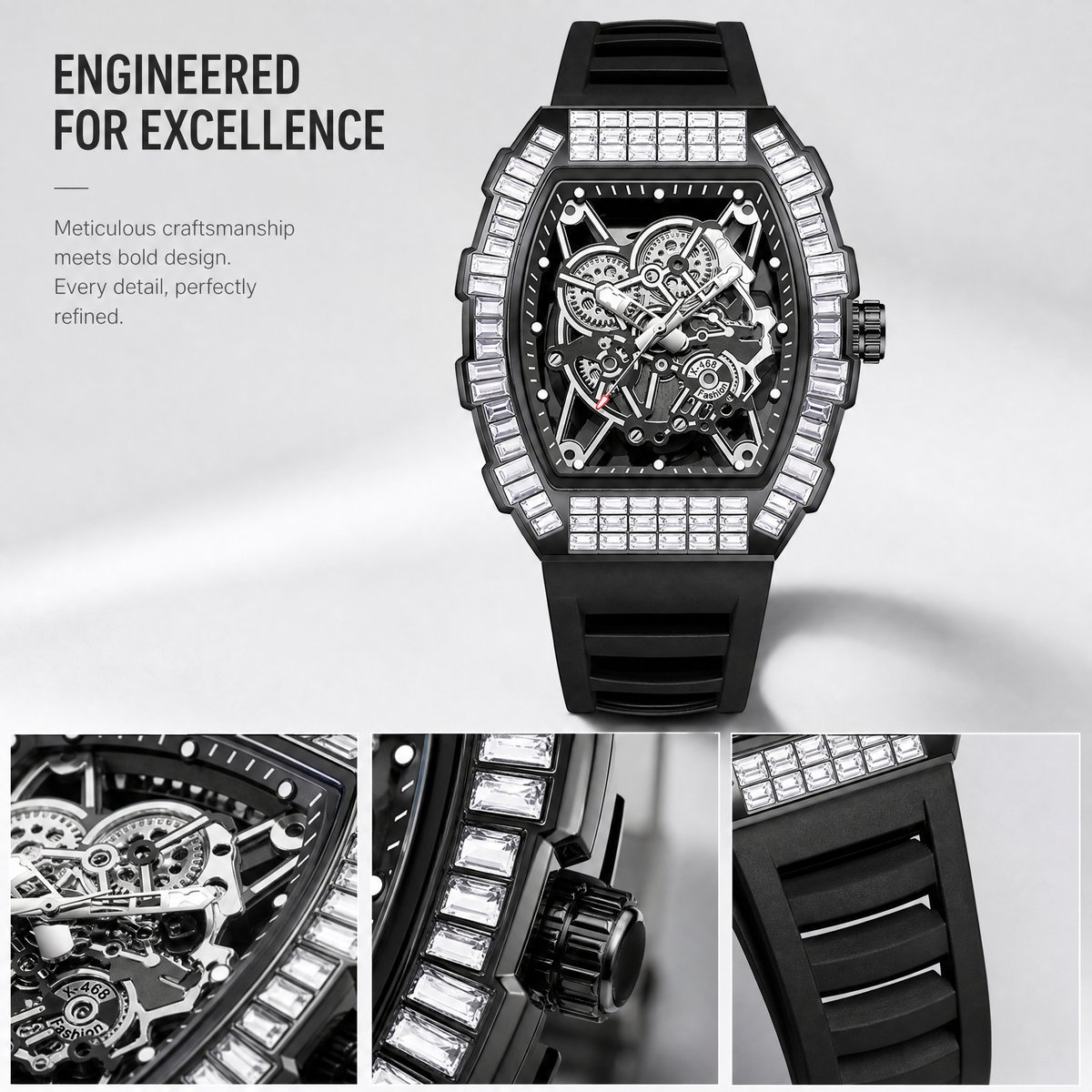 JEMSDUN JSD2406 Live Edition Men's High-Street Quartz Watch - 51x44mm Silver Case Baguette Crystal Bezel Mechanical Skeleton Dial Silicone Strap Wristwatch