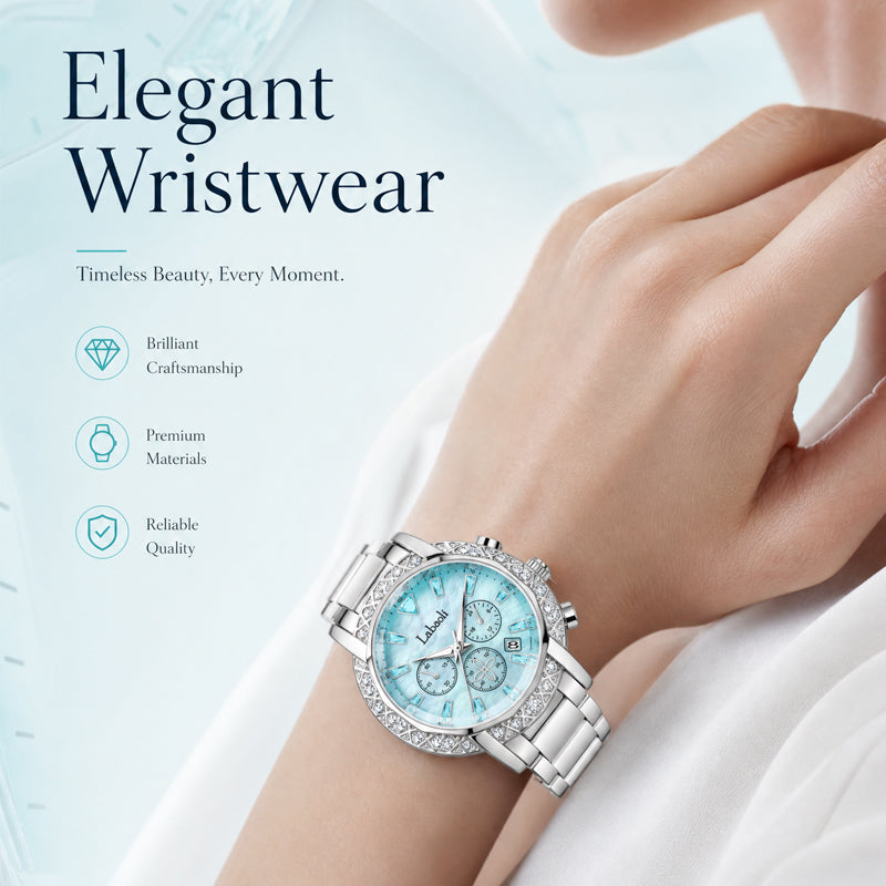 Labaoli LA559 Quartz Watch - Live Edition Women's Luxury 37mm Crystal-Encrusted Bezel Diamond-Cut Lens Chronograph Style Dial Slanted Date Two-Tone Link Bracelet Wristwatch