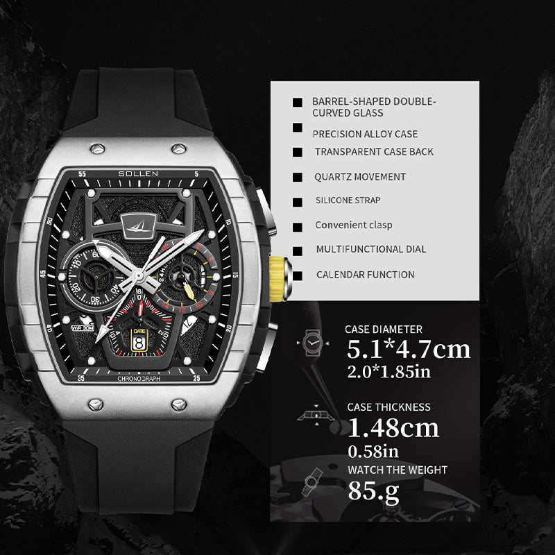 Sollen SL709 Chronograph Watch - Men's Tonneau Multi-Layer Dial Performance Silicone Strap Wristwatch