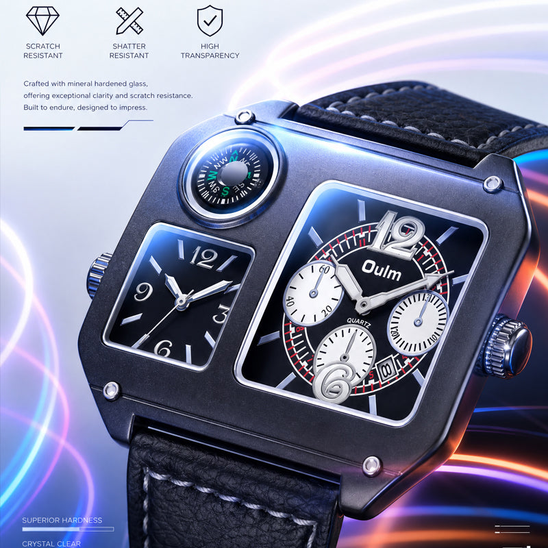 Oulm HP9150 Quartz Watch - Live Edition Men's Heavy Steampunk Dual Time Zone Industrial Black Case Luminous Hands Compass Wide Leather Strap Tactical Wristwatch