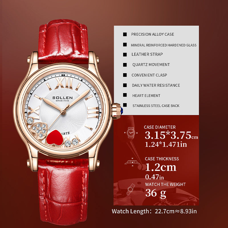 Sollen SL456 Quartz Watch - Women's Genuine Leather Round Wristwatch with Floating Heart Charms