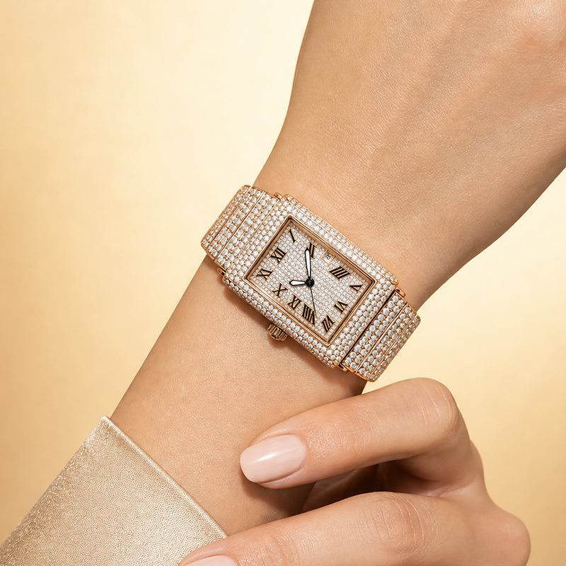 KDW KDW8315L Quartz Watch - Live Edition Women's Luxury 46mm Full Iced-Out Crystal Pavé Square Case Roman Numeral Day-Date Luminous Hands Fully Encrusted Link Bracelet Wristwatch