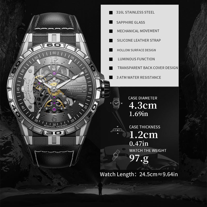 Sollen SL357 Men's Skeleton Automatic Mechanical Watch - 43mm 316L Stainless Steel Case Sapphire Crystal Multi-Layer Dial Leather-Pattern Silicone Strap Wristwatch