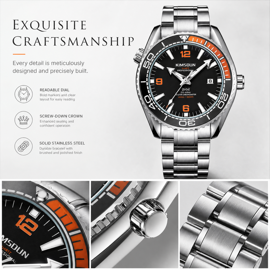 JEMSDUN JSD1803 Live Edition Men's Planet Ocean Style Diver Quartz Watch - 44mm Silver Case Orange & Black Bezel Luminous Dial 3H Date Metal Band Wristwatch