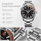 JEMSDUN JSD1803 Live Edition Men's Planet Ocean Style Diver Quartz Watch - 44mm Silver Case Orange & Black Bezel Luminous Dial 3H Date Metal Band Wristwatch