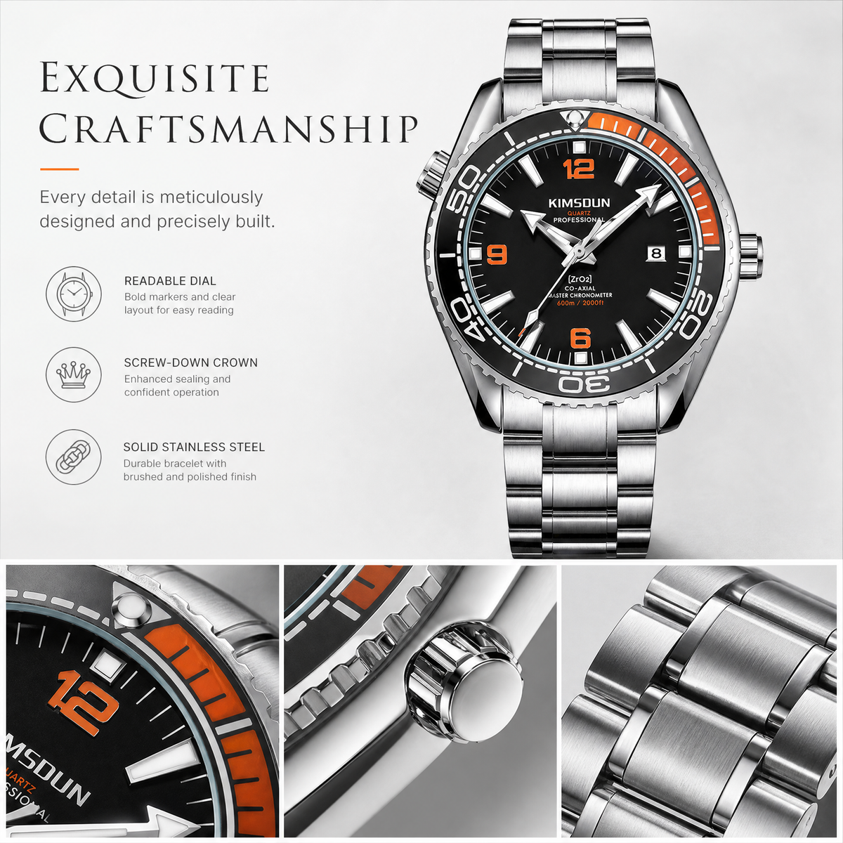 JEMSDUN JSD1803 Live Edition Men's Planet Ocean Style Diver Quartz Watch - 44mm Silver Case Orange & Black Bezel Luminous Dial 3H Date Metal Band Wristwatch