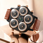 Oulm HP9153 Live Edition Men's Tactical Watch - Cyberpunk Multi Time Zone 5-Movement Armor Case with Centered Compass Sport Leather Strap Wristwatch