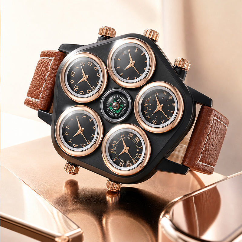 Oulm HP9153 Live Edition Men's Tactical Watch - Cyberpunk Multi Time Zone 5-Movement Armor Case with Centered Compass Sport Leather Strap Wristwatch