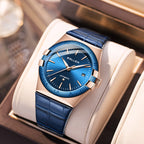 Sollen 9065 Automatic Watch - Men's Dress 12 Bar Marker Date Blue Sunray Dial Genuine Leather Strap Wristwatch