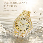 BELBI BELBL-8242 Live Edition Men's Iced Out Watch - Luxury Full Crystals Encrusted Roman Numerals Gold Dial Date Window Metal Band Hiphop Wristwatch