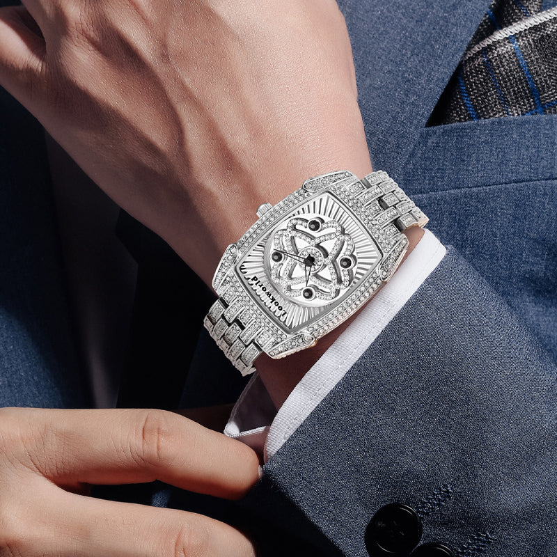 LOOK WORLD RKS1032 Live Edition Men's Iced Out Watch - Luxury Full Crystals Encrusted Tonneau Case Creative Spinning Kinetic Dial Metal Band Hiphop Wristwatch
