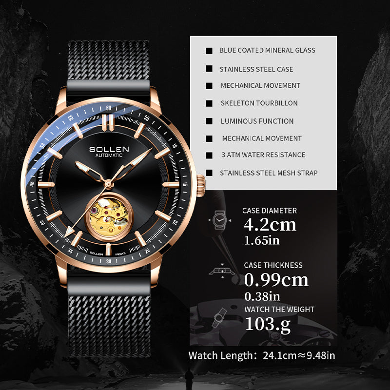 Sollen SL360 Men's Open Heart Automatic Mechanical Watch - 42mm Stainless Steel Case Slim 9.9mm Miyota Movement Luminous Markers Mesh Bracelet Wristwatch