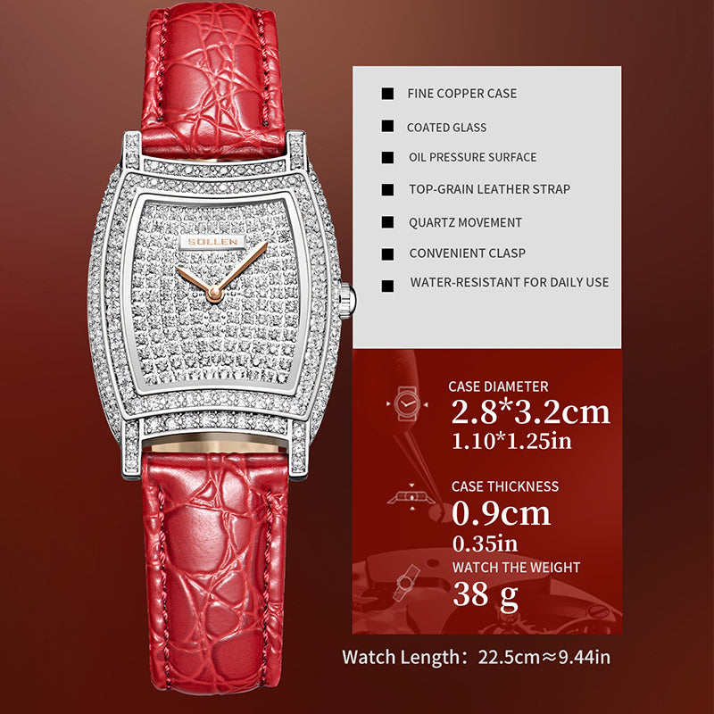 Sollen SL430 Women's Tonneau Quartz Watch - 28x32mm Full Pave Crystal Dial Iced Out Leather Strap Wristwatch