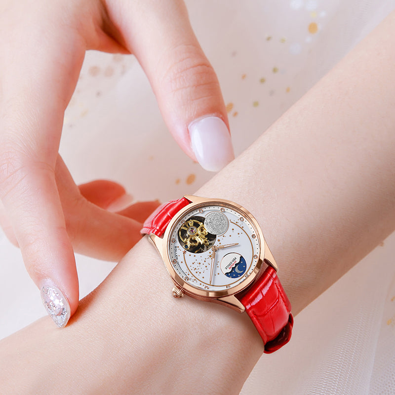 Sollen SL465 Multi-Function Automatic Watch - Women's Genuine Leather Open-Heart Flywheel Wristwatch