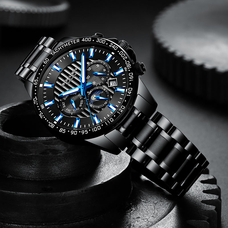 Sollen SL608 Automatic Watch - Men's Multi-Function Moonphase Stainless Steel 5-Bead Bracelet Wristwatch