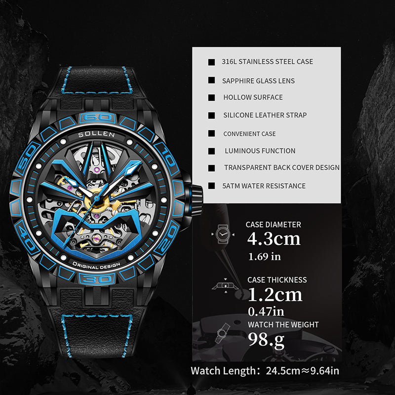 Sollen SL328 Men's Skeleton Automatic Mechanical Watch - 43mm 316L Stainless Steel Case Sapphire Crystal Multi-Layer Dial Leather-Pattern Silicone Strap Wristwatch