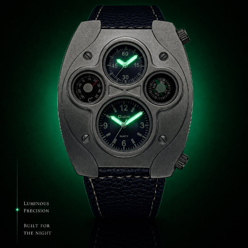 Oulm HP9155 Live Edition Men's Tactical Watch - Cyberpunk Multi Time Zone Dual Movement Shield Armor Case with Built-in Compass & Thermometer Sport Wristwatch