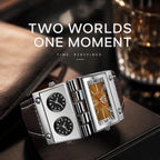 Oulm HP9525 Live Edition Men's Cyberpunk Watch - Tactical Multi Time Zone Triple Movement Steampunk Folding Case Wide Leather Strap Sport Wristwatch