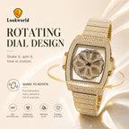 LOOK WORLD RKS267 Live Edition Men's Iced Out Watch - Luxury Full Crystals Encrusted Cushion Case Creative Rotating Spinning Dial Metal Band Hiphop Wristwatch