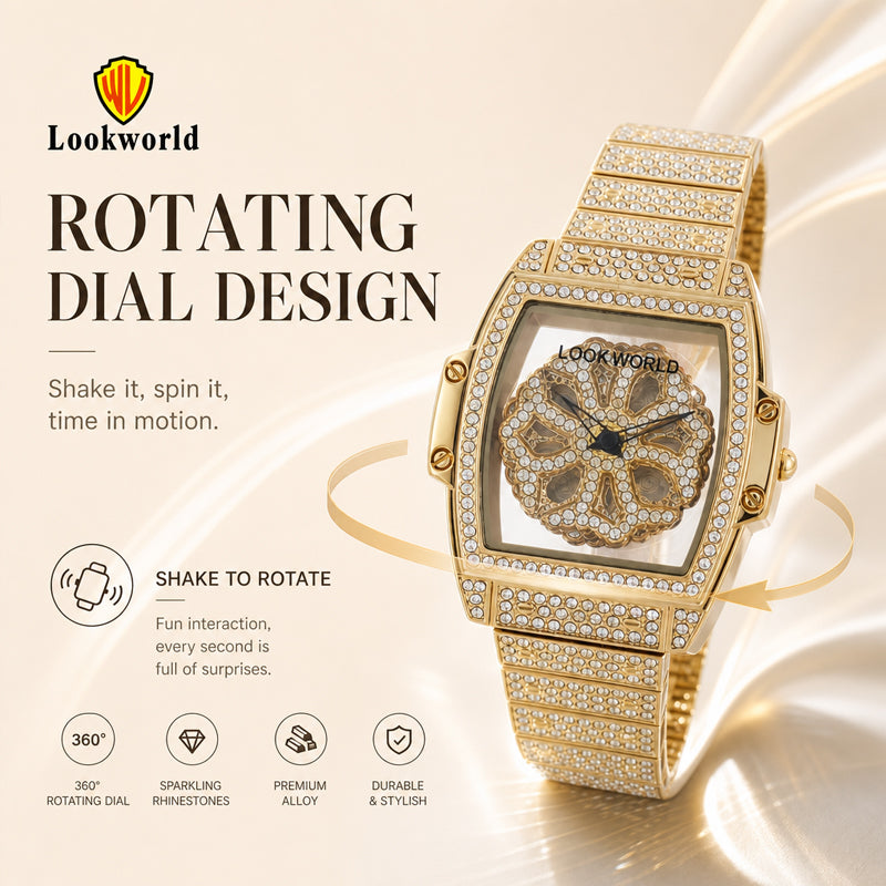 LOOK WORLD RKS267 Live Edition Men's Iced Out Watch - Luxury Full Crystals Encrusted Cushion Case Creative Rotating Spinning Dial Metal Band Hiphop Wristwatch