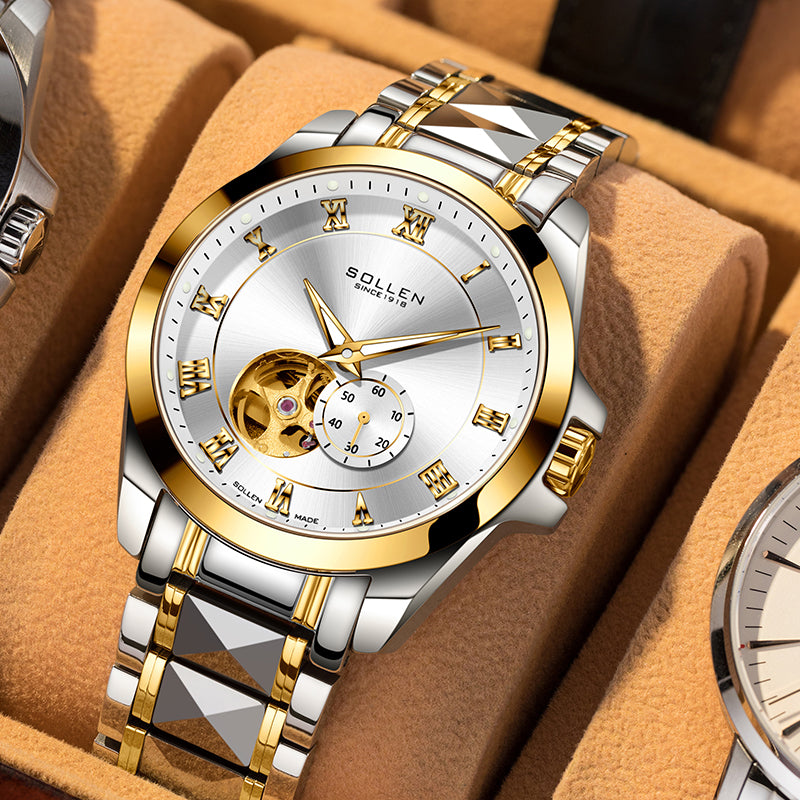 Sollen 9060 Automatic Watch - Men's Executive Open-Heart Flywheel Small Seconds 7-Bead Stainless Steel Bracelet Wristwatch