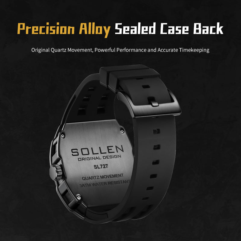 Sollen SL727 Quartz Watch - Men's Tonneau Case 3D Textured Dial Performance Silicone Strap Wristwatch