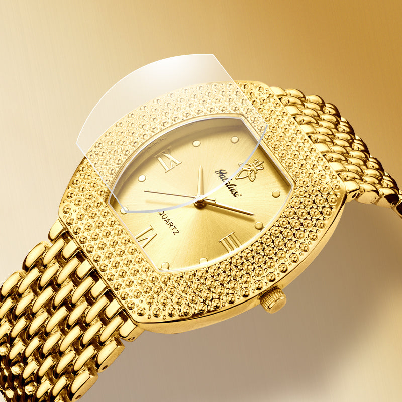 LX1023 Quartz Watch - Live Edition Unisex Luxury 41mm Tonneau Arched Bridge Glass Mirror Pavé Crystal Texture Gold Case Sunburst Dial Luminous Hands Steel Link Bracelet Wristwatch