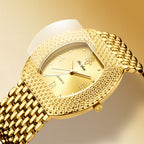 LX1023 Quartz Watch - Live Edition Unisex Luxury 41mm Tonneau Arched Bridge Glass Mirror Pavé Crystal Texture Gold Case Sunburst Dial Luminous Hands Steel Link Bracelet Wristwatch