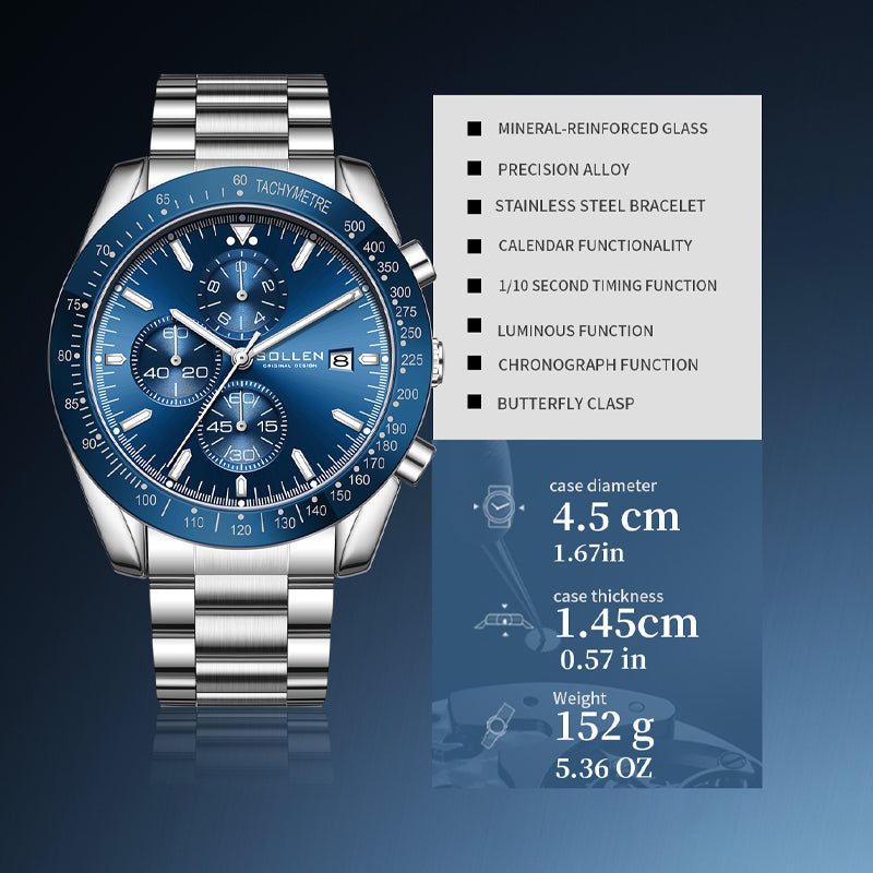 Sollen SL726 Chronograph Watch - Men's Multi-Function Stainless Steel Link Bracelet Wristwatch