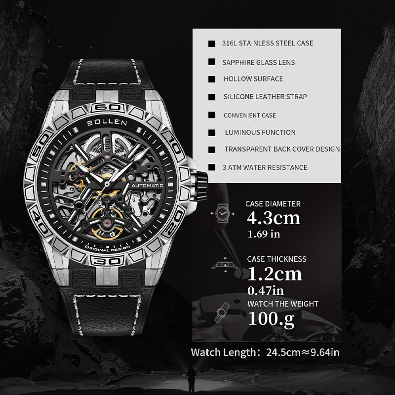 Sollen SL326 Men's Skeleton Automatic Mechanical Watch - 43mm 316L Stainless Steel Case Sapphire Crystal Multi-Layer Dial Leather-Pattern Silicone Strap Wristwatch