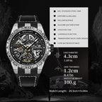 Sollen SL326 Men's Skeleton Automatic Mechanical Watch - 43mm 316L Stainless Steel Case Sapphire Crystal Multi-Layer Dial Leather-Pattern Silicone Strap Wristwatch