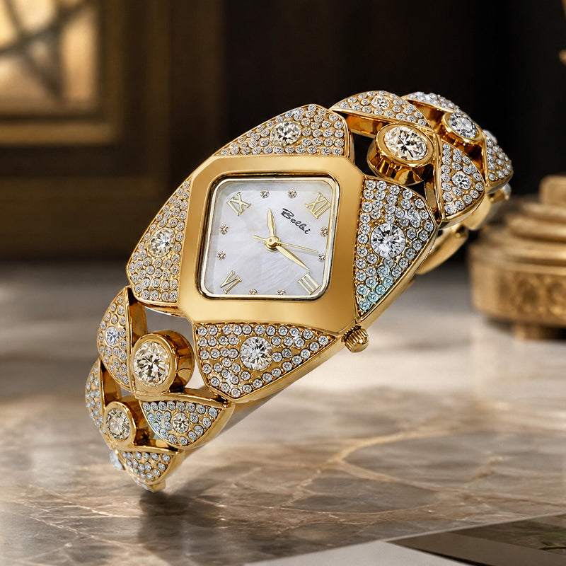 BELBI BL8113 Quartz Watch - Live Edition Women's Luxury Full IPG Gold Crystal Pavé Ornate Shield Case Mother-of-Pearl Dial Jewelry Bracelet Wristwatch