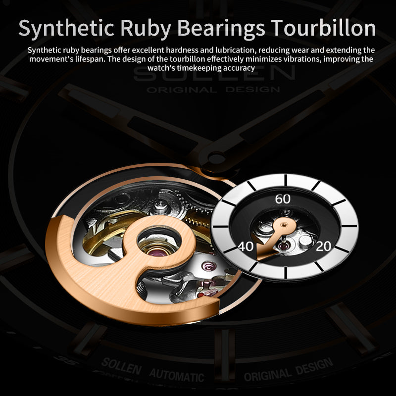 Sollen SL365 Men's Open Heart Automatic Mechanical Watch - 42mm Stainless Steel Case Slim 9.9mm Miyota 82S5 Movement Small Seconds Mesh Bracelet Wristwatch