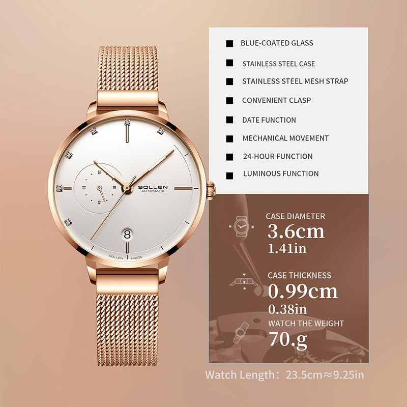Sollen SL416 Women's Automatic Mechanical Watch - 36mm Stainless Steel Case Slim 9.9mm 24-Hour Subdial Date Mesh Bracelet Wristwatch