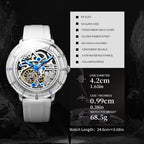 Sollen SL320 Men's Full Skeleton Automatic Mechanical Watch - 42mm K9 Glass Case Sandblasted Open Dial Fluororubber Strap Wristwatch