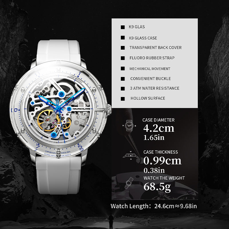 Sollen SL320 Men's Full Skeleton Automatic Mechanical Watch - 42mm K9 Glass Case Sandblasted Open Dial Fluororubber Strap Wristwatch