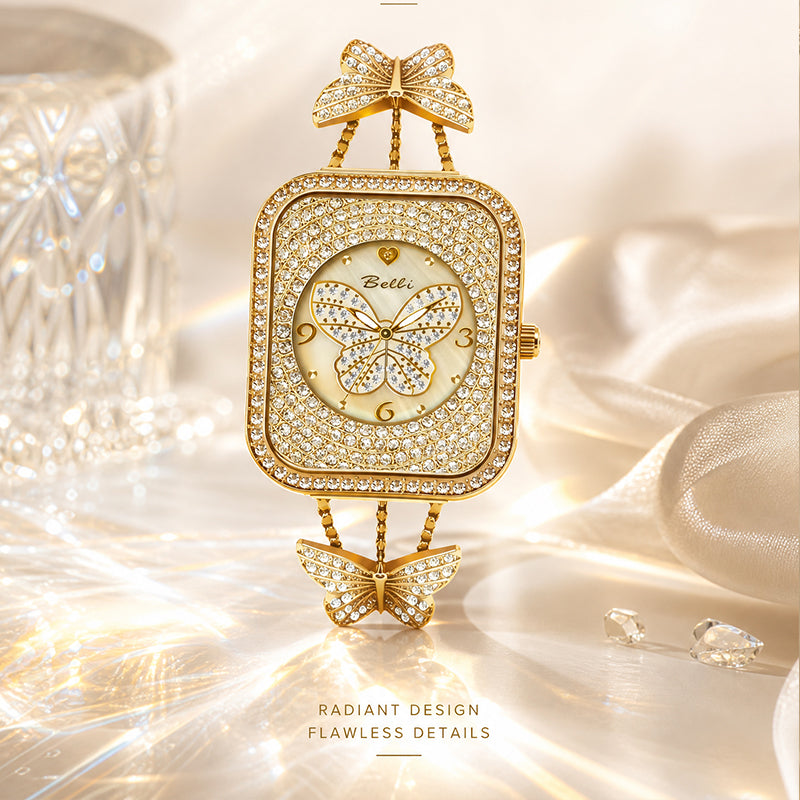 BELBI BL8214 Quartz Watch - Live Edition Luxury Full IPG Gold Crystal Pavé Butterfly Motif Mother-of-Pearl Dial Jewelry Bangle Bracelet Wristwatch